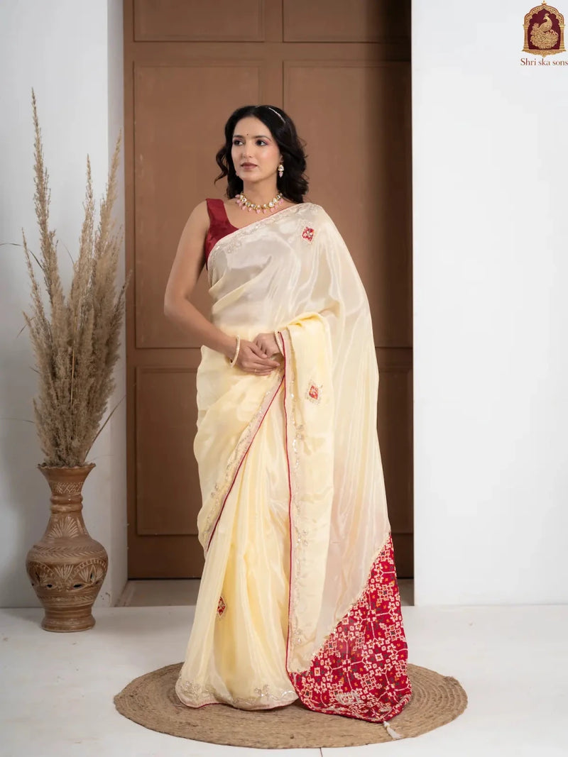 Red Tuscan Beige Bandhani Patola Silk Saree with Zardozi Work - Shri SKA Sons