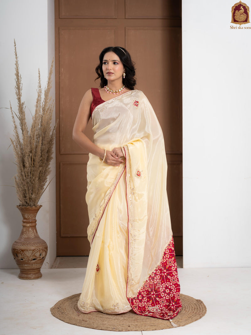 Red Tuscan Beige Bandhani Patola Silk Saree with Zardozi Work