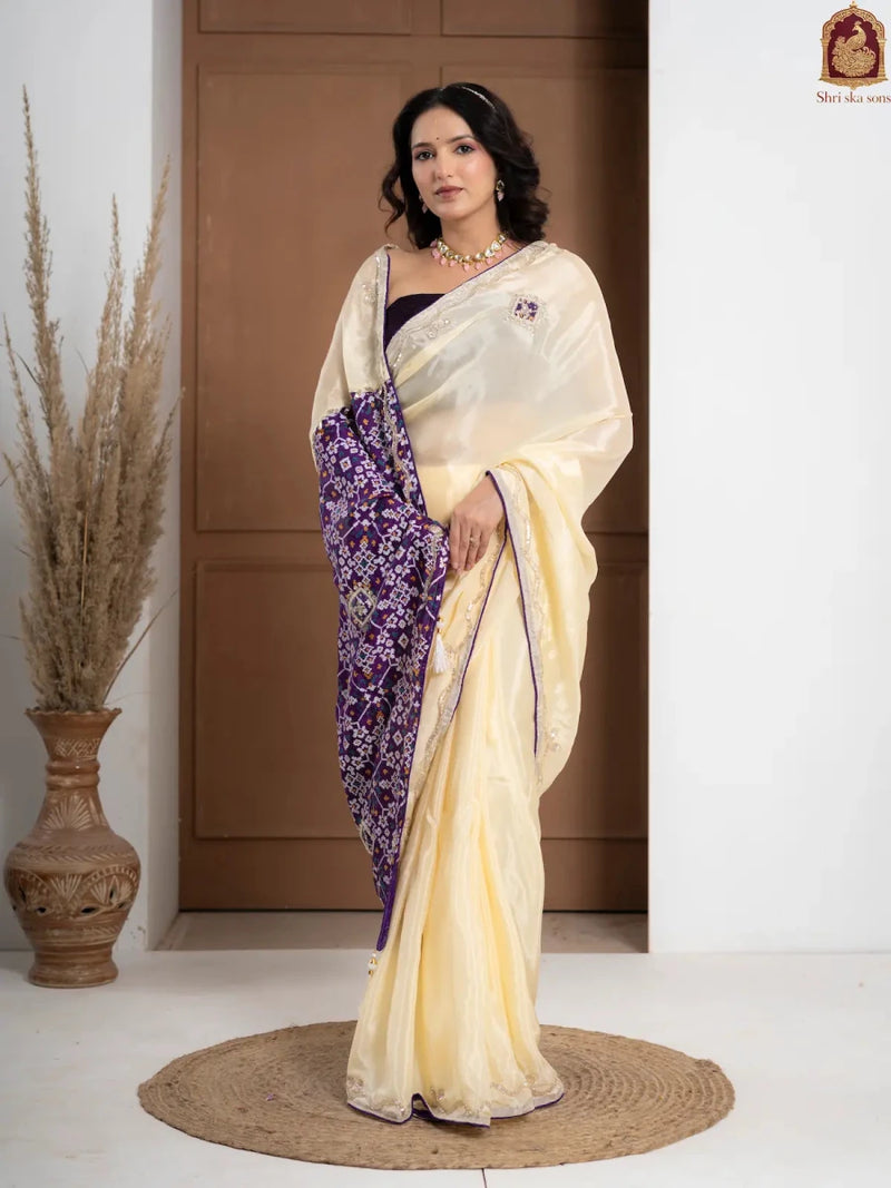 Purple Tuscan Beige Bandhani Patola Silk Saree with Zardozi Work - Shri SKA Sons