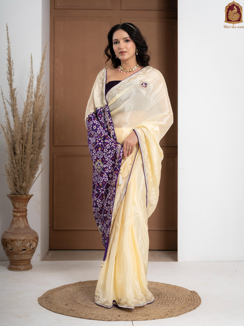 Purple Tuscan Beige Bandhani Patola Silk Saree with Zardozi Work
