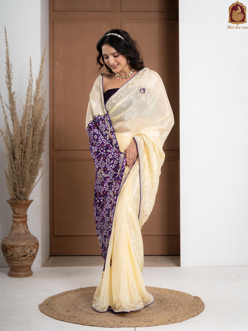 Purple Tuscan Beige Bandhani Patola Silk Saree with Zardozi Work