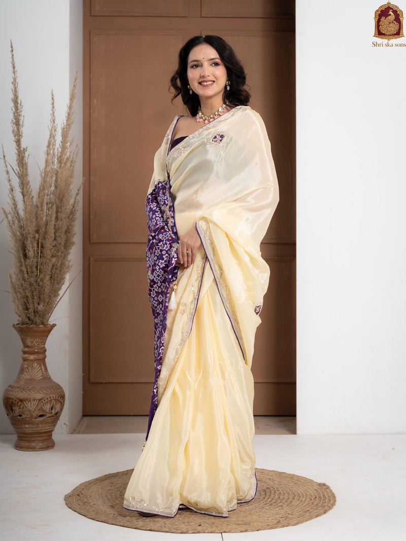 Purple Tuscan Beige Bandhani Patola Silk Saree with Zardozi Work