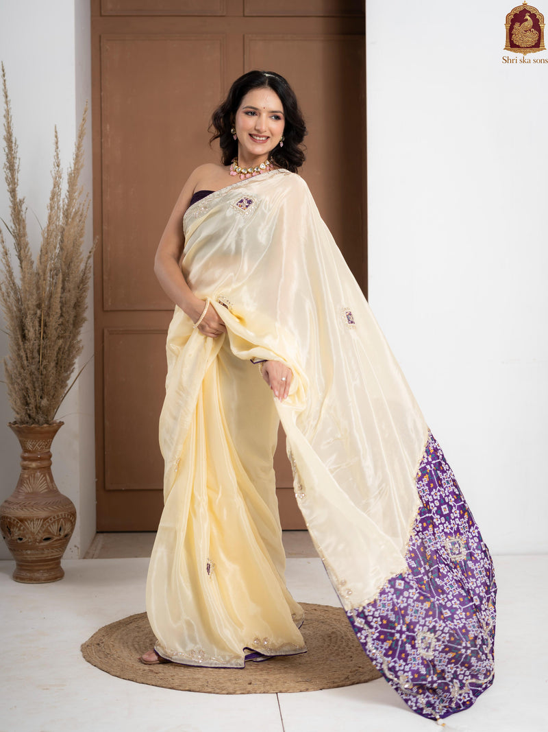 Purple Tuscan Beige Bandhani Patola Silk Saree with Zardozi Work