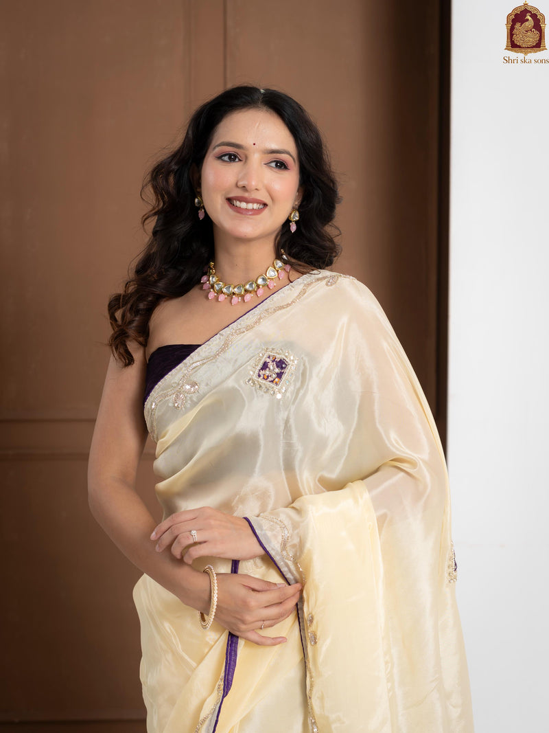 Purple Tuscan Beige Bandhani Patola Silk Saree with Zardozi Work