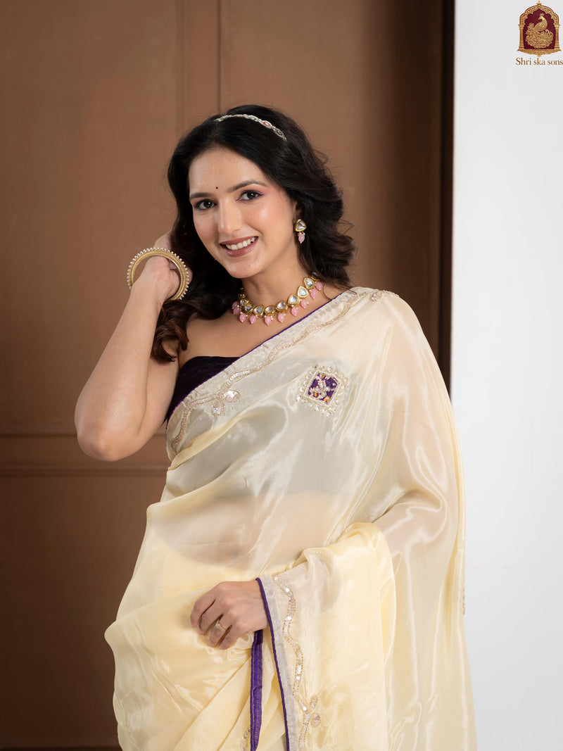 Purple Tuscan Beige Bandhani Patola Silk Saree with Zardozi Work