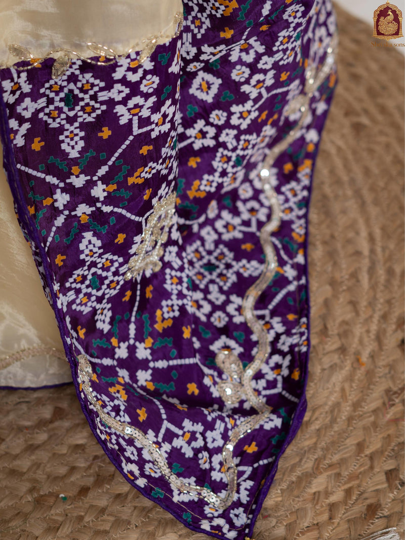 Purple Tuscan Beige Bandhani Patola Silk Saree with Zardozi Work
