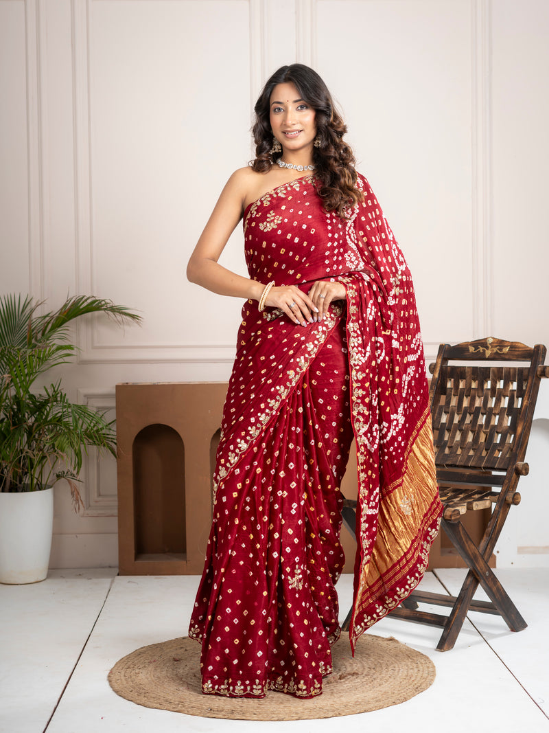 Ruby Red Bandhani Silk Saree with Hand Embellished Border