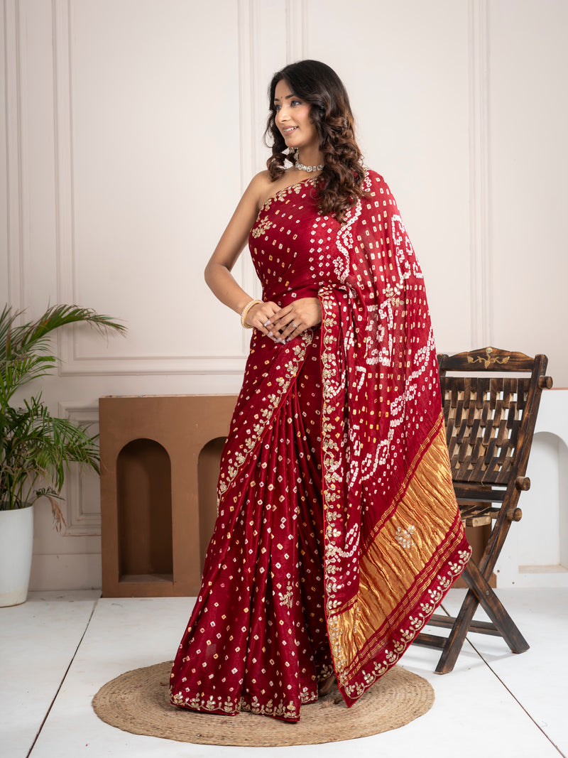 Ruby Red Bandhani Silk Saree with Hand Embellished Border