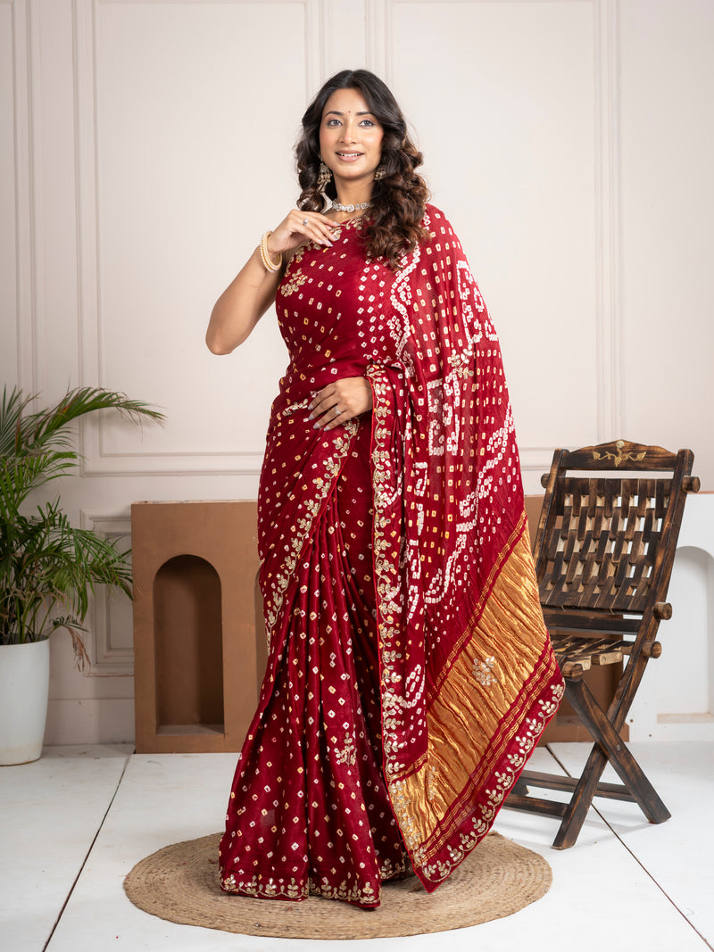 Ruby Red Bandhani Silk Saree with Hand Embellished Border