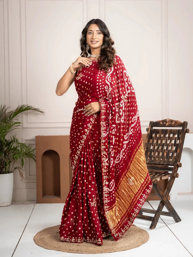 Ruby Red Bandhani Silk Saree with Hand Embellished Border - Shri SKA Sons