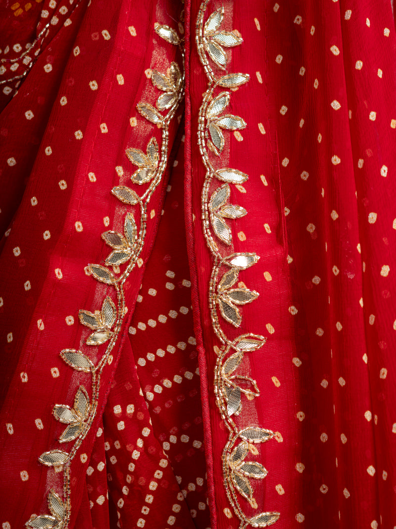 Chiffon Red Bandhani Saree with Gota Patti Border