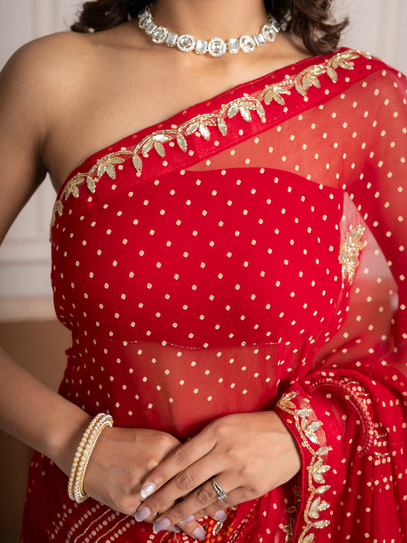 Chiffon Red Bandhani Saree with Gota Patti Border
