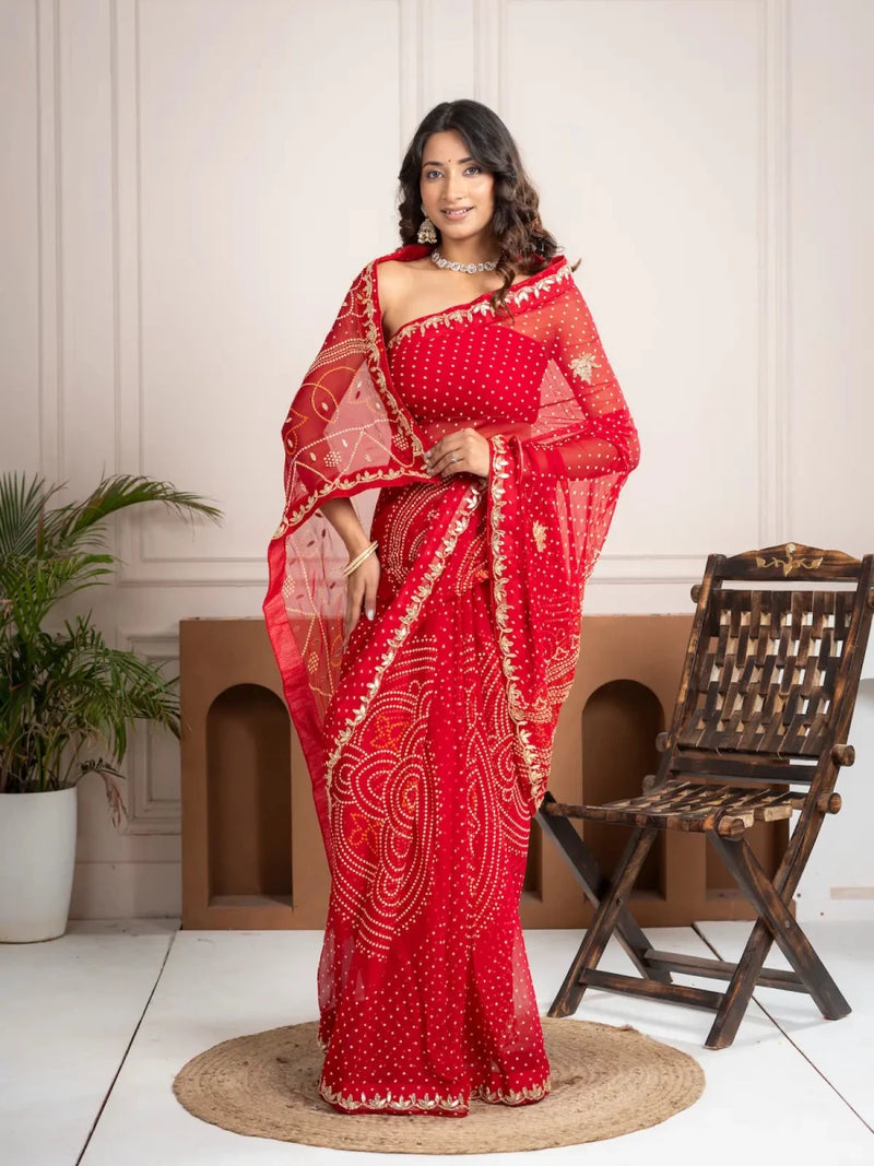 Chiffon Red Bandhani Saree with Gota Patti Border - Shri SKA Sons