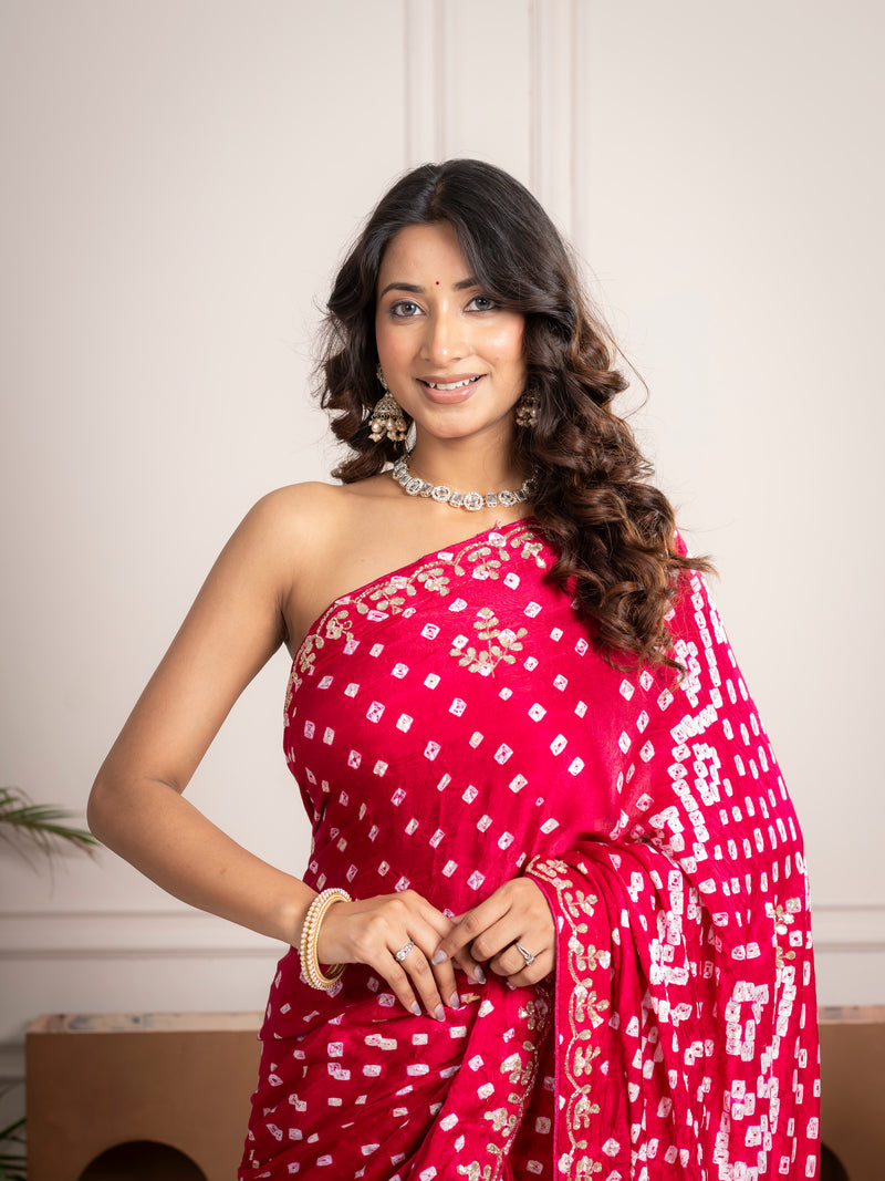 Raspberry Gajji Silk Bandhani Saree with Embroidered Border