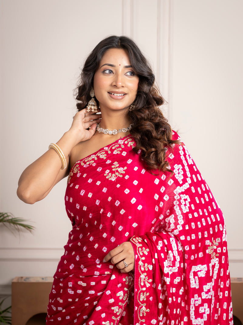 Raspberry Gajji Silk Bandhani Saree with Embroidered Border