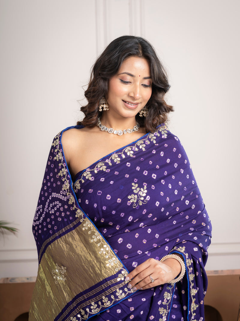 Iris Purple Gajji Silk Bandhani Saree with Zari Border