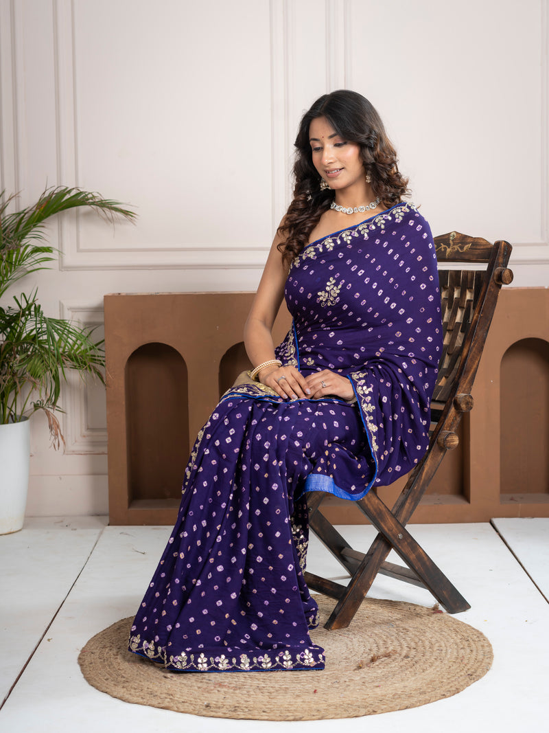 Iris Purple Gajji Silk Bandhani Saree with Zari Border