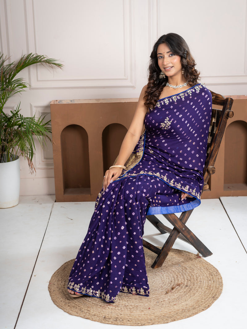 Iris Purple Gajji Silk Bandhani Saree with Zari Border