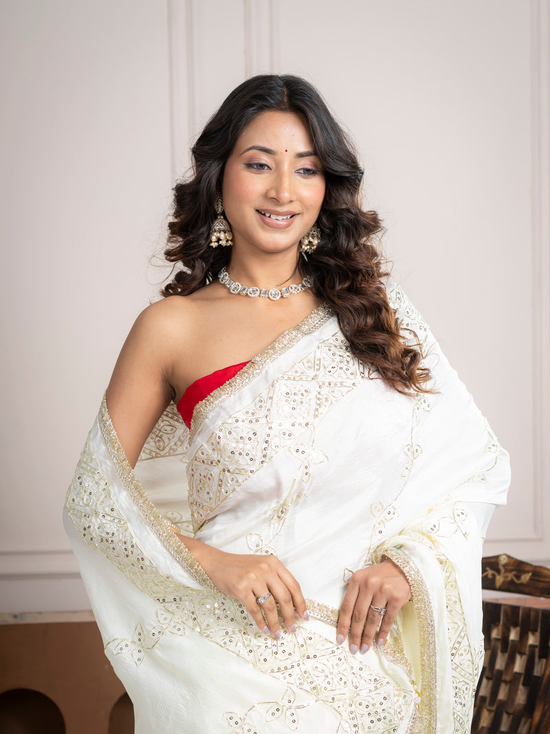 Elegant Ivory Silk Saree with Hand Embroidered Border