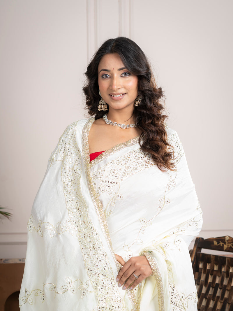 Elegant Ivory Silk Saree with Hand Embroidered Border