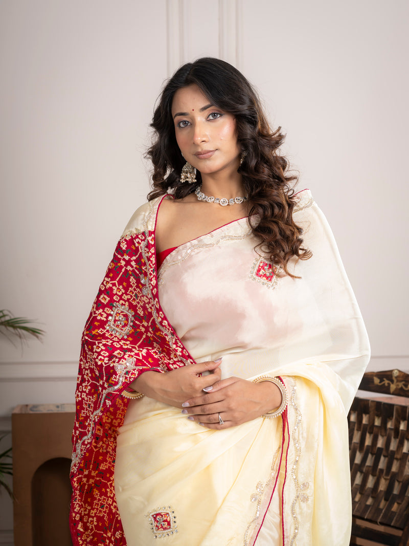 Strawberry Beige Bandhani Patola Silk Saree with Zardozi Work