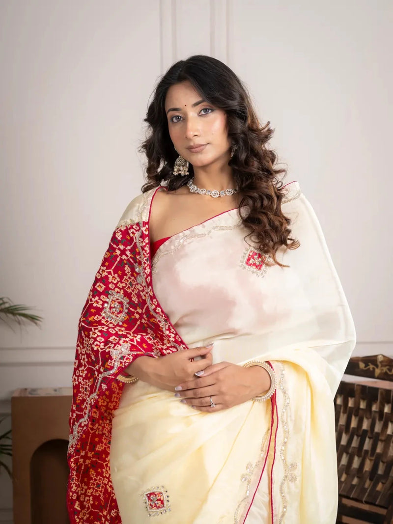 Strawberry Beige Bandhani Patola Silk Saree with Zardozi Work - Shri SKA Sons