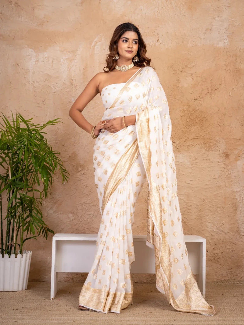 Pure Georgette Zari Saree with Golden Booti Work & Wide Zari Border - Shri SKA Sons