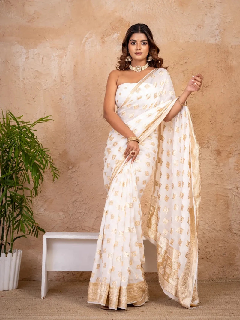 Pure Georgette Zari Saree with Golden Booti Work & Wide Zari Border - Shri SKA Sons