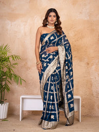 Navy Blue Pure Georgette Zari Check Saree with Golden Zari Border - Shri SKA Sons