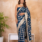 Navy Blue Pure Georgette Zari Check Saree with Golden Zari Border