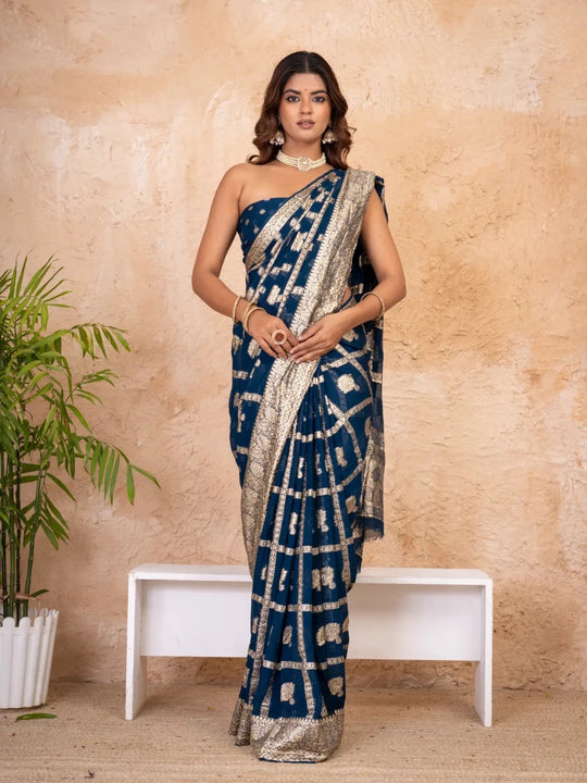 Navy Blue Pure Georgette Zari Check Saree with Golden Zari Border - Shri SKA Sons