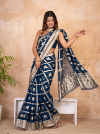 Navy Blue Pure Georgette Zari Check Saree with Golden Zari Border - Shri SKA Sons