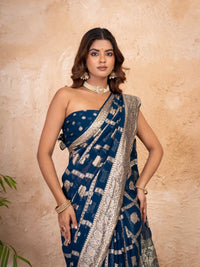 Navy Blue Pure Georgette Zari Check Saree with Golden Zari Border - Shri SKA Sons