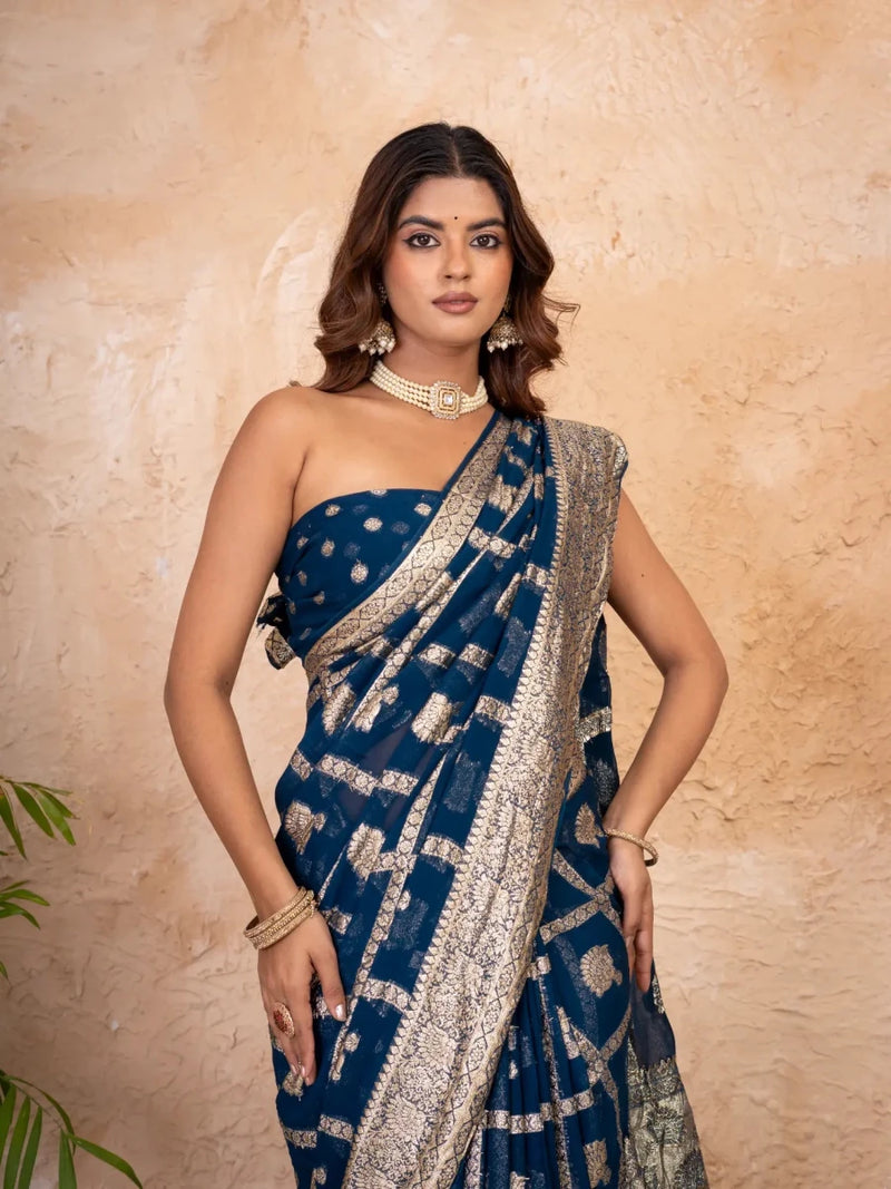 Navy Blue Pure Georgette Zari Check Saree with Golden Zari Border - Shri SKA Sons