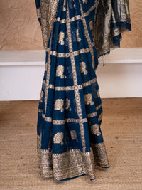 Navy Blue Pure Georgette Zari Check Saree with Golden Zari Border - Shri SKA Sons