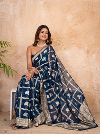 Navy Blue Pure Georgette Zari Check Saree with Golden Zari Border - Shri SKA Sons