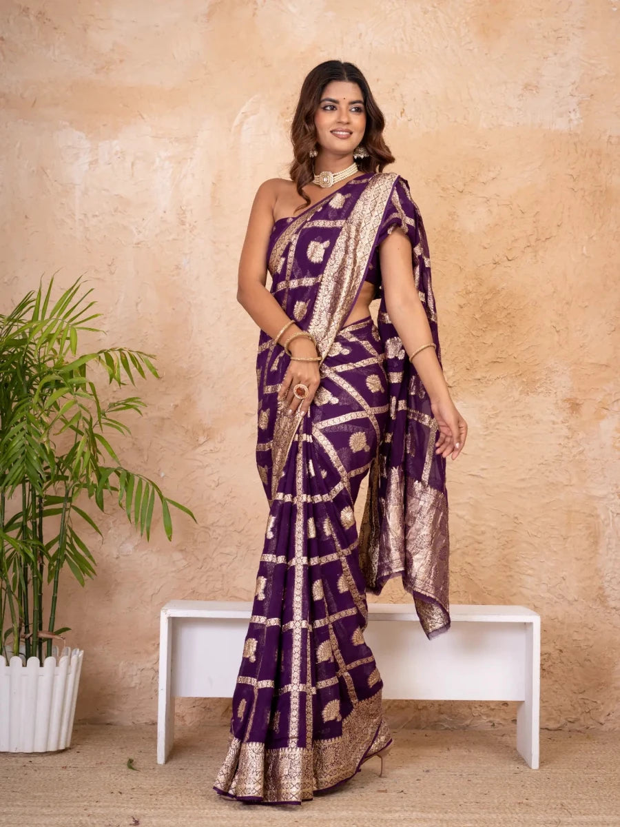 Royal Purple Pure Georgette Zari Check Saree with Golden Zari Border - Shri SKA Sons