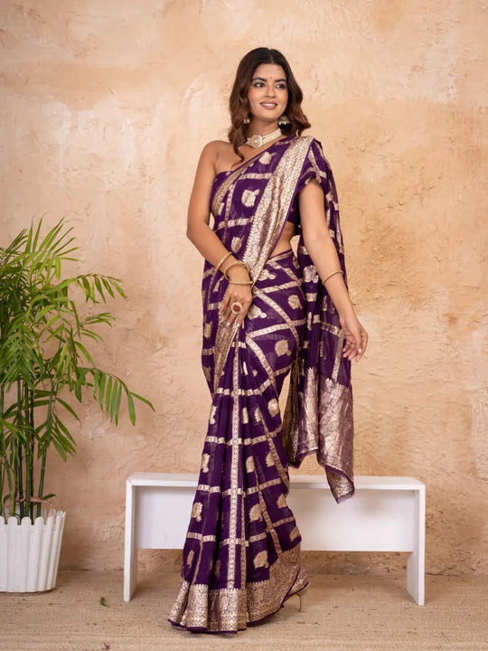 Royal Purple Pure Georgette Zari Check Saree with Golden Zari Border - Shri SKA Sons