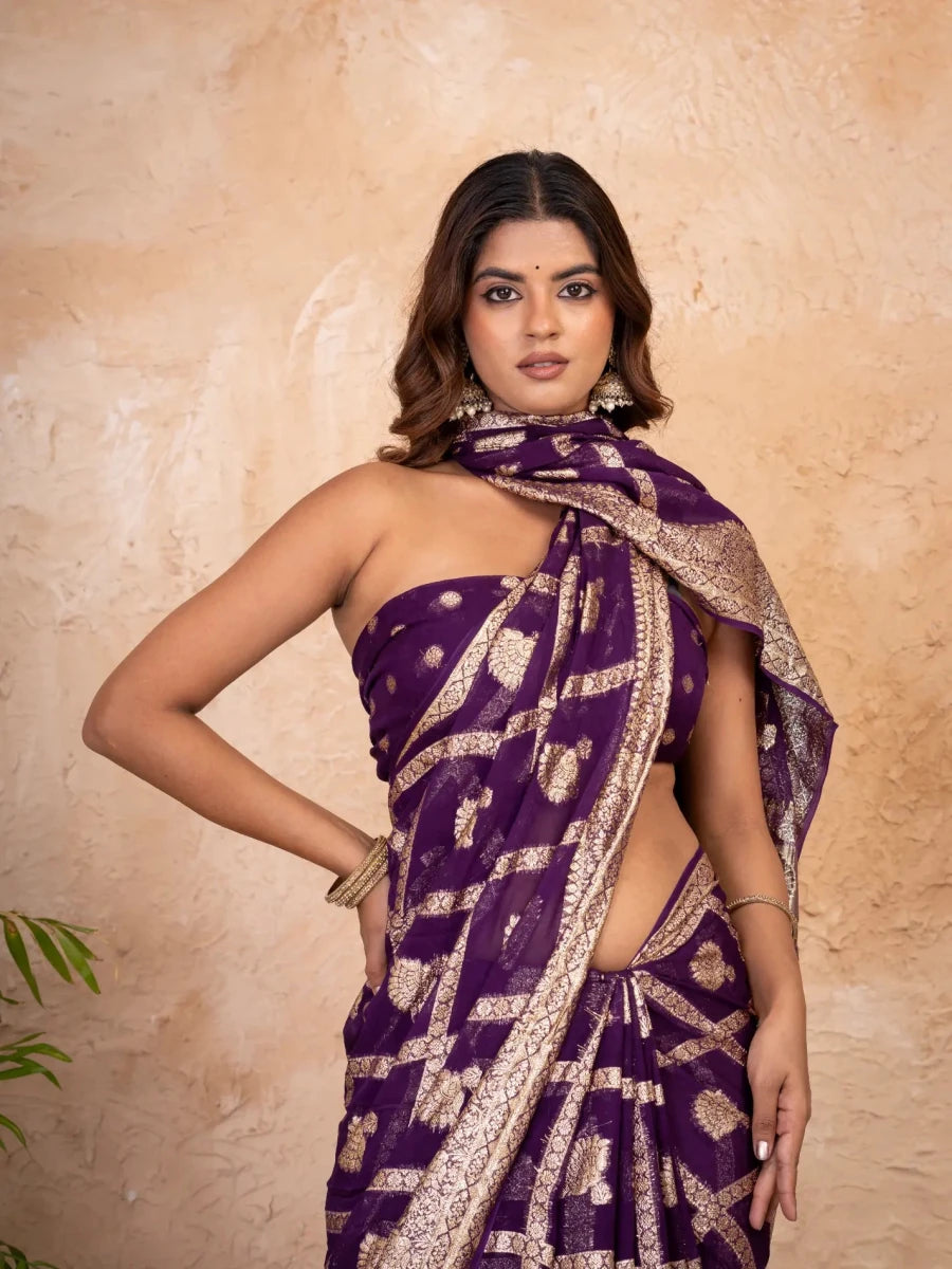 Royal Purple Pure Georgette Zari Check Saree with Golden Zari Border - Shri SKA Sons