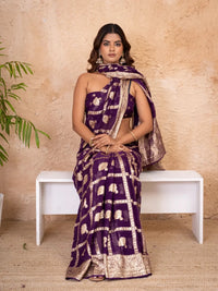 Royal Purple Pure Georgette Zari Check Saree with Golden Zari Border - Shri SKA Sons