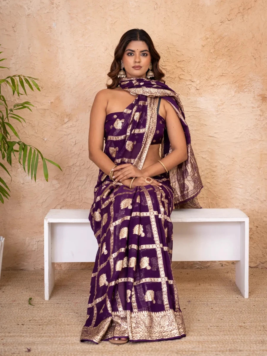 Royal Purple Pure Georgette Zari Check Saree with Golden Zari Border - Shri SKA Sons