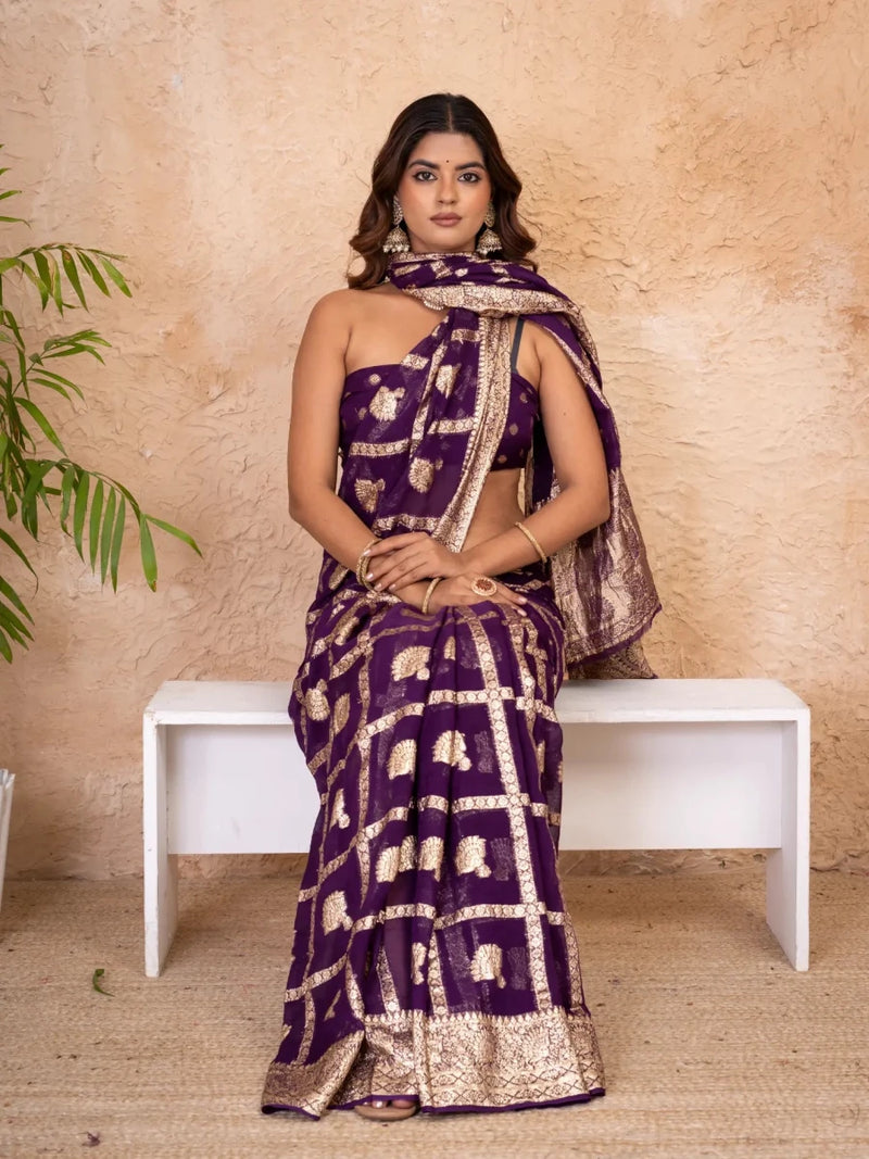 Royal Purple Pure Georgette Zari Check Saree with Golden Zari Border - Shri SKA Sons