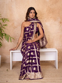 Royal Purple Pure Georgette Zari Check Saree with Golden Zari Border - Shri SKA Sons