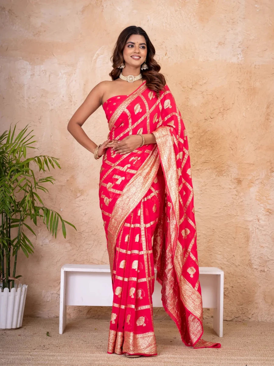 Rani Pink-Red Pure Georgette Zari Check Saree with Golden Zari Border - Shri SKA Sons