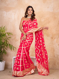 Rani Pink-Red Pure Georgette Zari Check Saree with Golden Zari Border - Shri SKA Sons