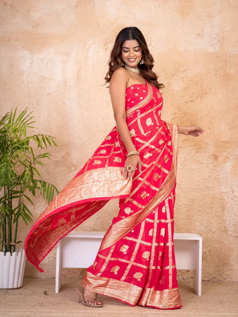 Rani Pink-Red Pure Georgette Zari Check Saree with Golden Zari Border - Shri SKA Sons