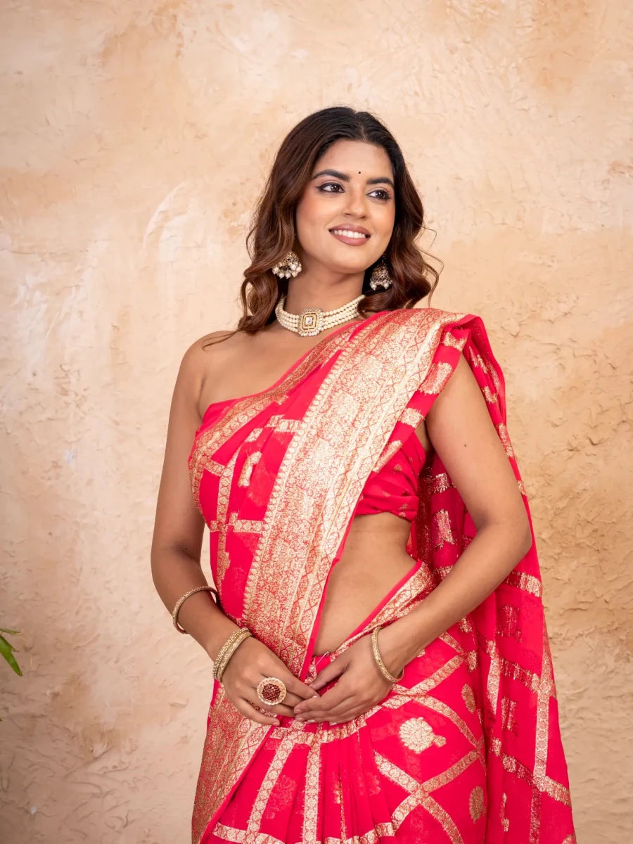 Rani Pink-Red Pure Georgette Zari Check Saree with Golden Zari Border - Shri SKA Sons