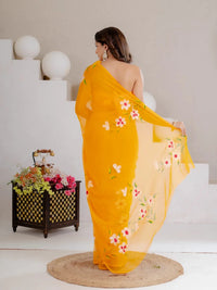 Mustard Yellow Hand Painted Georgette Saree with White Hibiscus Floral Print - Shri SKA Sons