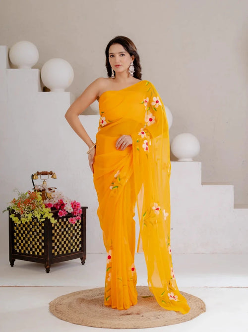 Mustard Yellow Hand Painted Georgette Saree with White Hibiscus Floral Print - Shri SKA Sons