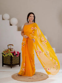 Mustard Yellow Hand Painted Georgette Saree with White Hibiscus Floral Print - Shri SKA Sons